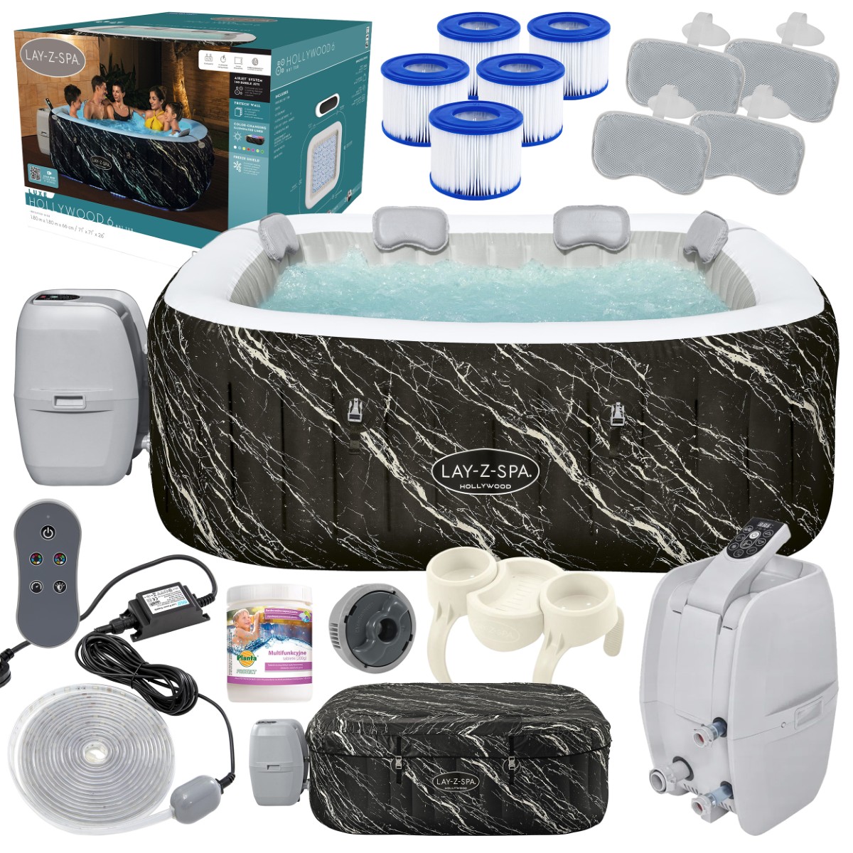 Basen o marmurowym wzorze wraz z akcesoriami. Pompa filtrująca i grzewcza, pokrywa, filtry, zagłówki, oświetlenie LED, dozownik chemii, uchwyt na napoje, zestaw naprawczy. 